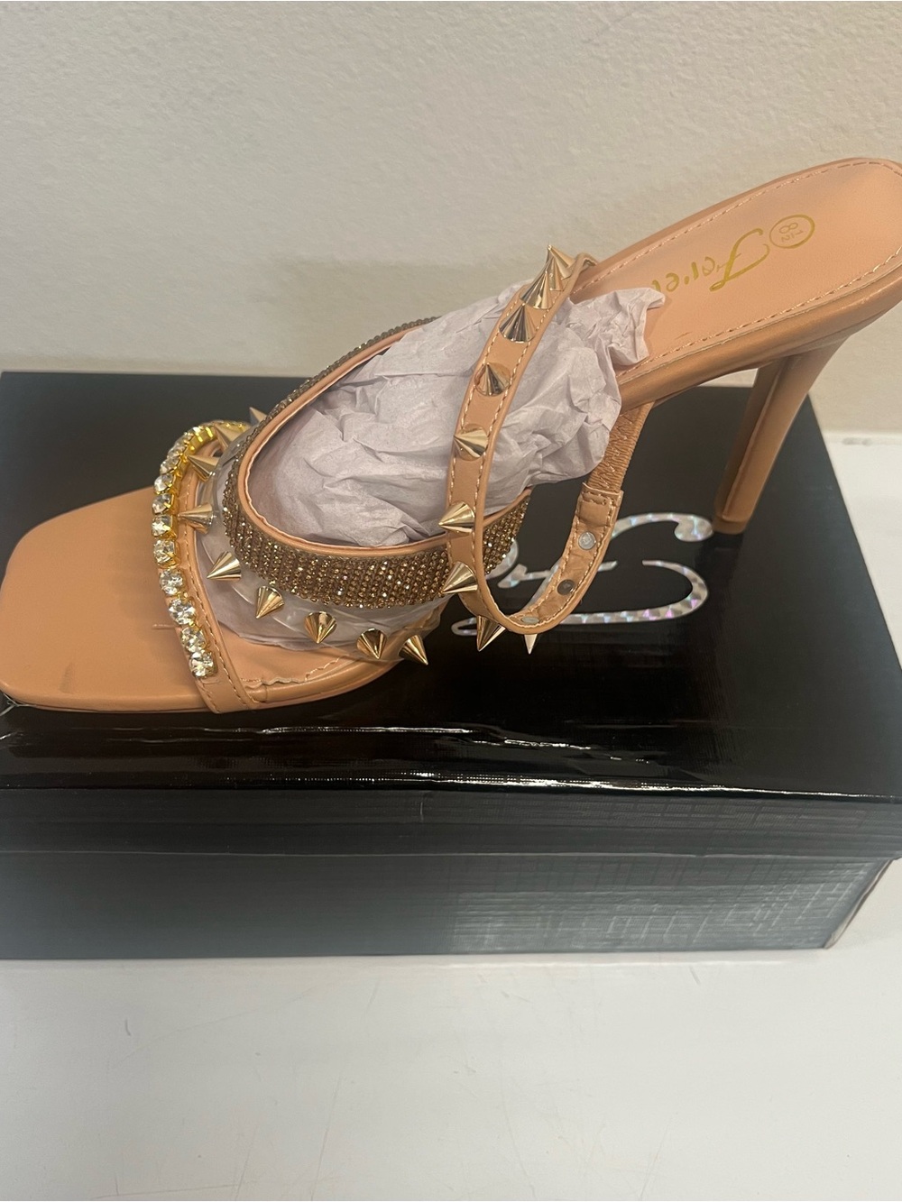 Beige Studded High Heel Sandals with Crystal Strap